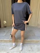 Osy Modal Yumuşak Dokulu Kumaş Parçalı Bisiklet Yaka T-shirt Mini Şortlu Etek İkili Takım - Füme resmi